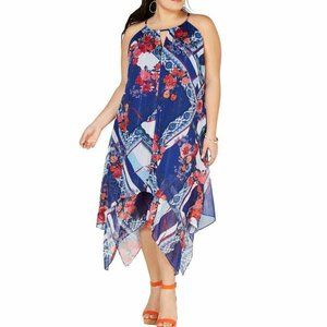 Ombre Bloom Floral Asymmetrical Keyhole Midi Dress